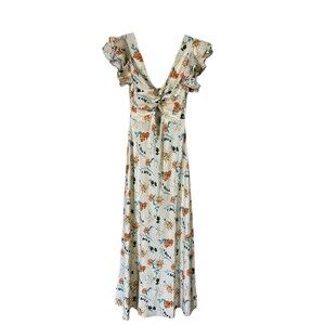 Solid & Striped Linen Summer Floral midi Dress, deep v, Keyhole, Backless, SZ S